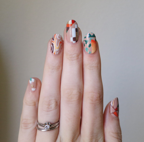 ladycrappo: Some mix-and-match nails loosely inspired by @spifster, with a 70s palette.  