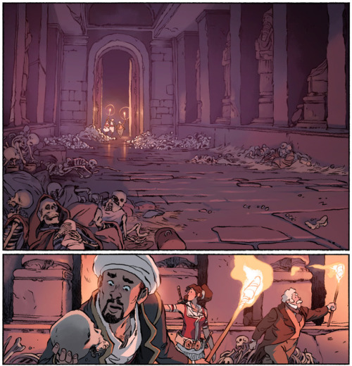 From DELILAH DIRK AND THE PILLARS OF HERCULES: “They were trying to get OUT.”In order: final art, li