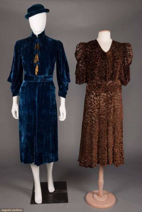 TWO VELVET AFTERNOON DRESSES, 1938-1940s2 velvet 1940s afternoon dresses: 1 royal blue crushed cotto