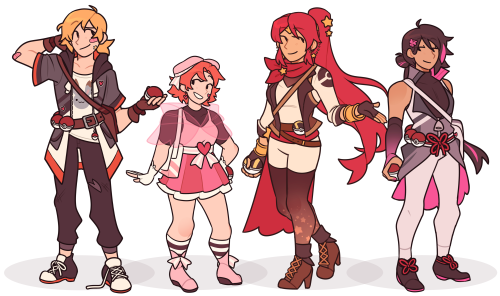 oops forgot to post these here but pkmn au designs part 2 :) ft. nora harassing her teammates with s