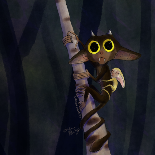 [ID: A digital painting of brown, monkey-like creature with very large yellow eyes, small horns, lar