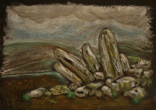 &lsquo;Bryn Cader Faner Burial Mound&rsquo; Pastel and Charcoal Sketch, 29.3.16.