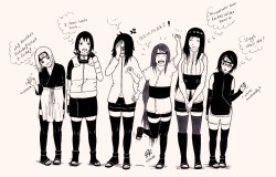 judybarazi:  So, here’s a drawing of the characters that could be related to Karin, after all, they all wear high-thigh stockings right??I drew them in order of appearance/creation. I mean come on, Kishi has been using and drawing these stockings before