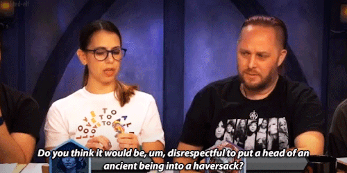 nottmygoblindaughter: [GIF Descriptions: Three GIFs of Laura Bailey and Taliesin Jaffe playing their