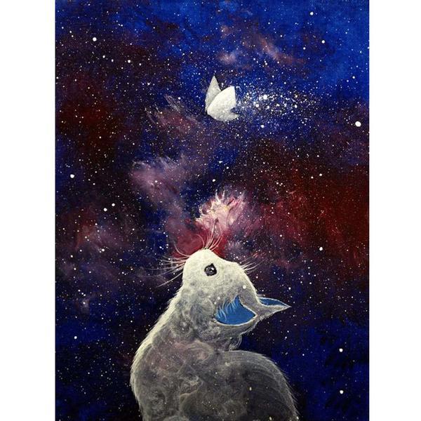 5D Diamond Painting Starry Sky White Cat Butterfly