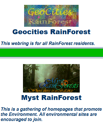 Webring screenshot from geocities/rainforest/9900, for environmental activists.