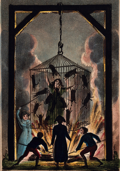 Louisa Mabreé, a French midwife executed in a cage full of cats above a fire. London, engraved for B