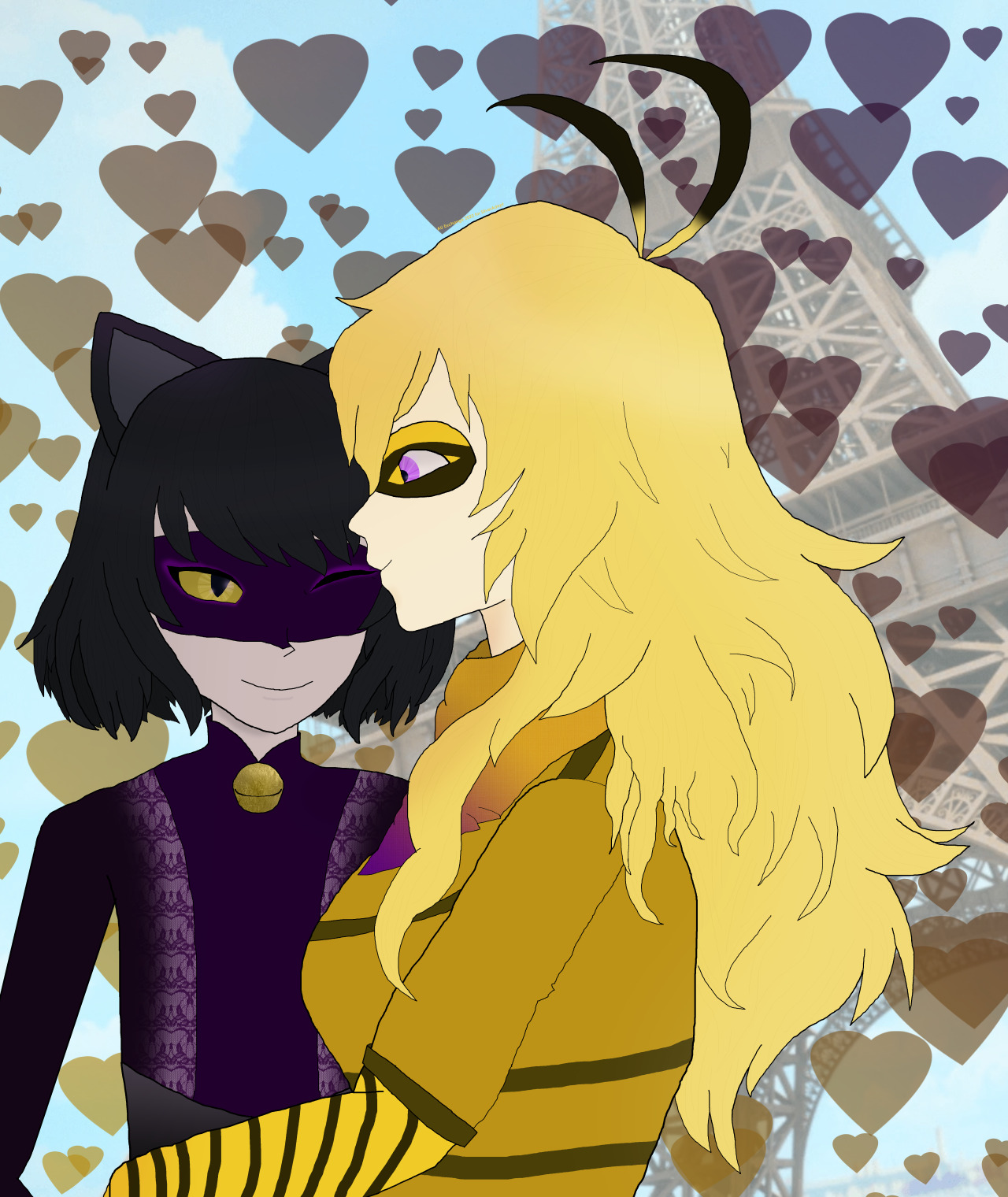 Yang kissing Blake on the cheek. Yang is dressed like a bee-themed superhero, while Blake is dressed like a black cat-themed superhero. Behind them are a multitude of hearts, and behind the hearts is the Eiffel Tower.