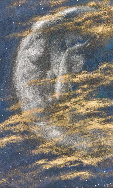 beardbriarandrose: Edward Robert Hughes (1851-1914), The Weary Moon, watercolor with gold and silver