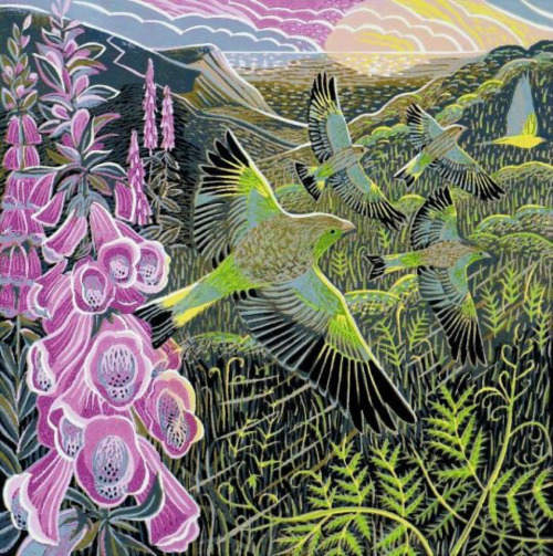 Annie Soudain (British, b. Kent, England) - Foxgloves and Finches, Linocuts