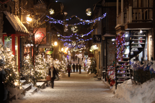 prewars:quebec city’s petit champlain neighbourhood at christmas. established in 1608, it is the old