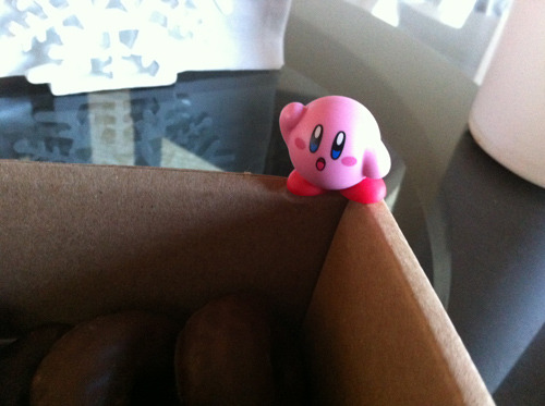 iuliathe3rd:    Man, that’s a lot of donuts. What are we gonna do with all these?  Hmm?  Oh, hey! It’s Kirby! What are you doing here, Kirby? …. oh. Oh no. Kirby, no.  kIRBY NO  STOP THAT RIGHT NOW, MISTER  Oh, don’t give me that look. 