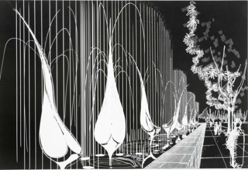 Jean-Paul Mousseau, psychedelic fountains. Renderings for Y'67 Expo Montreal 1967, Canada. Black ink