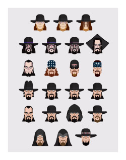 mortarmade:  What started as a much smaller project in illustrating the different eras or versions of The Undertaker evolved into a much bigger project in illustrating every version of The Undertaker and his twenty-two appearances at Wrestlemania, where