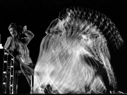 Gjon Mili, &ldquo;Stroboscopic of Model Clad in Girdle, Bra, Stockings and Negligee Seated at Dr