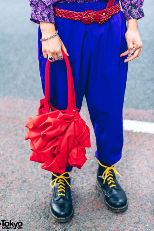 Japanese high school student Yuto on the street in Harajuku wearing a colorful mostly vintage look w