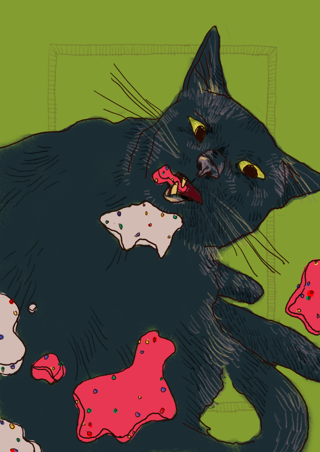 digital drawing of a black cat eating frosted circus animal cookies on a lime green background. the cookies are on the cat's back and she is making a silly face where you can see some of her fangs.