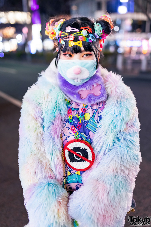 Japanese indie idol Purinchan - of the group Rainbow Panic - on the street in Harajuku wearing a &ld