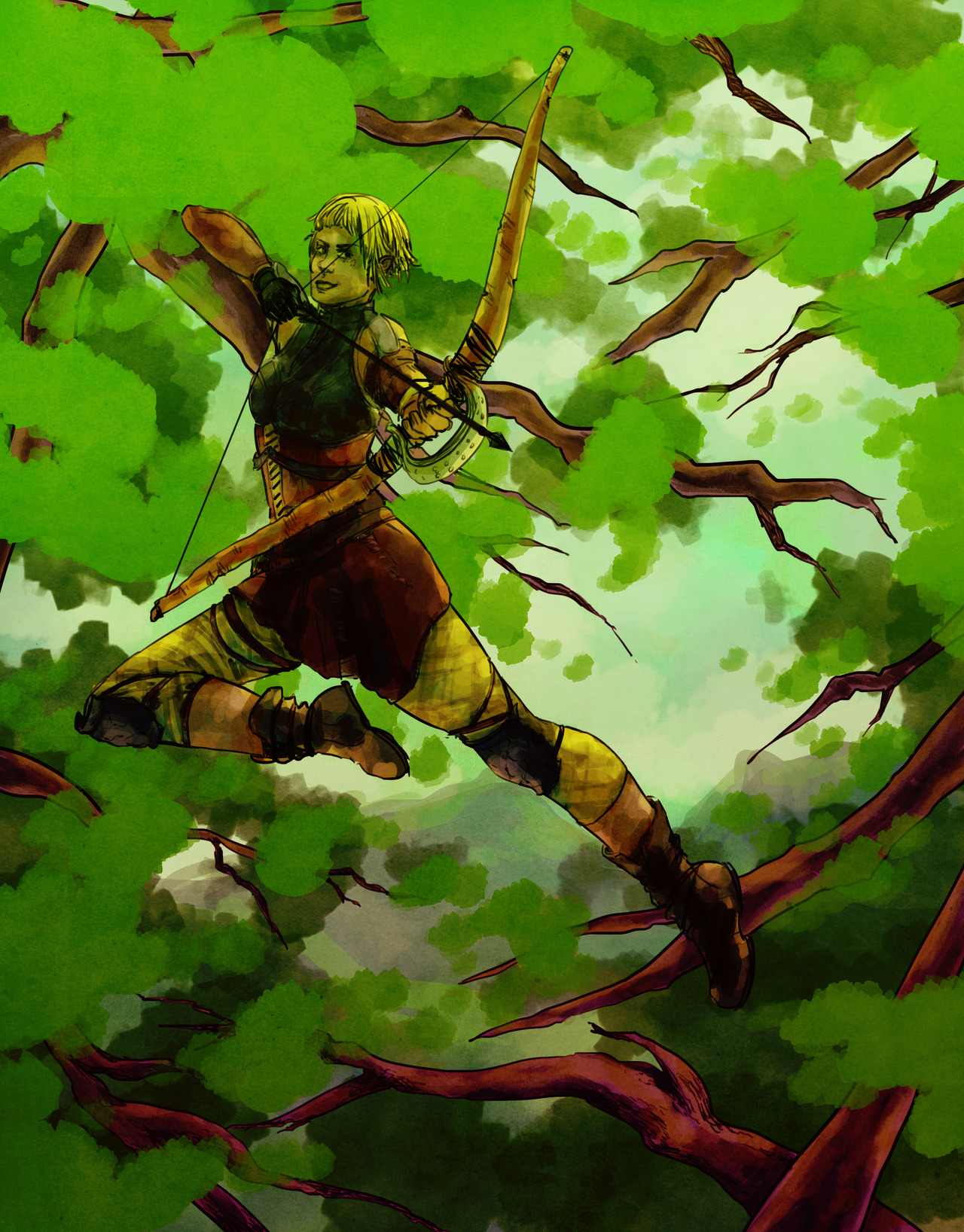 Sera from Inquisition leaping from a tree holding a bow.