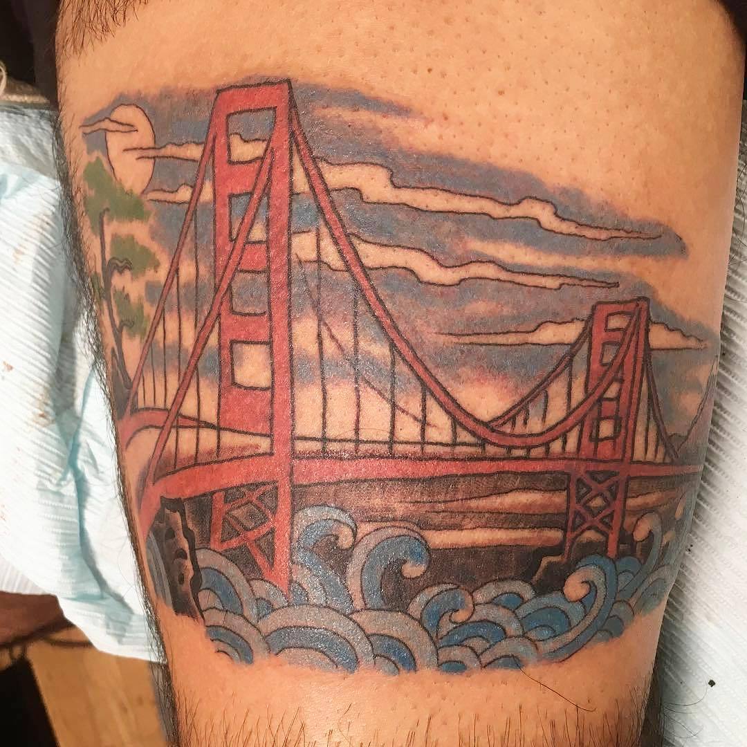 Golden Gate Bridge tattoo on the inner forearm