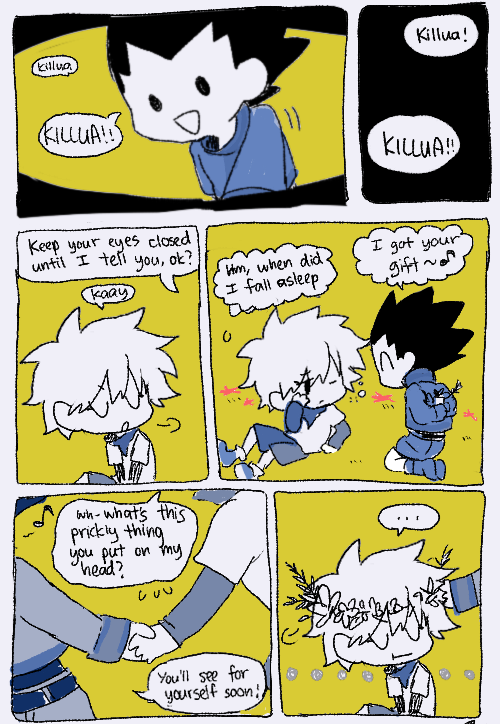 winter-cakes:  I actually wanted to draw a comic on why Killua was wearing gon’s jacket from here but I got a bit carried away adoifhda