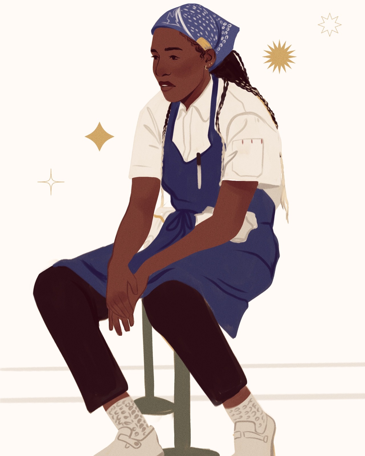 Fanart drawing of Sydney from The Bear, dressed in her chef's outfit with blue apron and bandana, seated on a chair