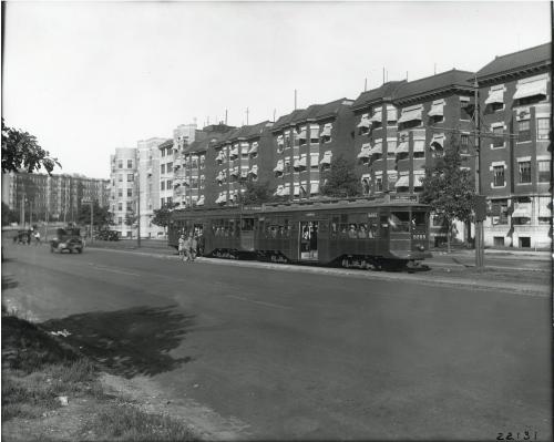 cityofbostonarchives: Trolley on Commonwealth Avenue in Brighton, 1927 August 10, Public Works Depar