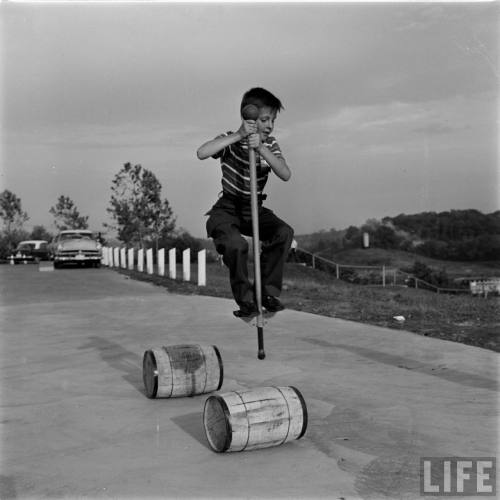 Pogo champion navigates past some barrels(George Skadding. 1956)