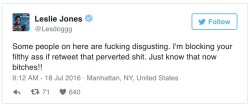 dailydot:  ‘Ghostbusters’ star Leslie Jones exposes racist harassment on Twitter On Monday afternoon, the Ghostbusters star and Saturday Night Live cast member tweeted that she was tired of receiving constant harassing messages with overt racist and