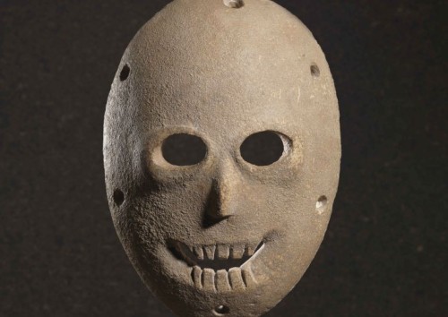 sixpenceee:  A 9000 year old Neolithic spirit mask. They were discovered in the Judean Desert. They are meant to represent sprits. Those who created the masks were among the first human beings to live in settlements as opposed to the earlier established