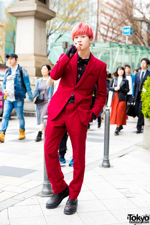 tokyo-fashion:20-year-old Japanese actor Yuuki on the street in Harajuku wearing a red Balenciaga su