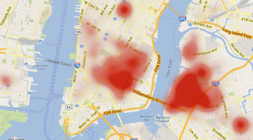 Yelp’s Hipster heat map of NYC, using data from reviews including the keyword “hipster” between Manhattan and Brooklyn…