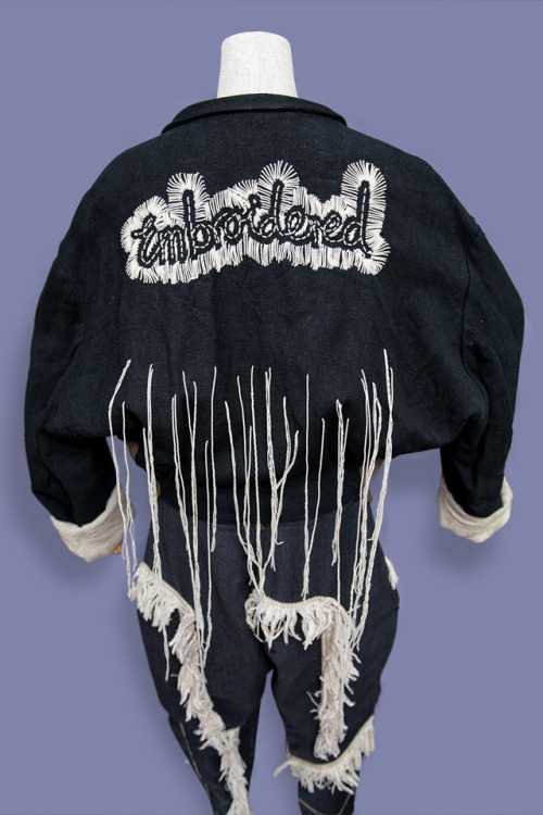 Christopher Nemeth “embroidered” jacket and fringe pants, 1980s or 1990s. Both are origi