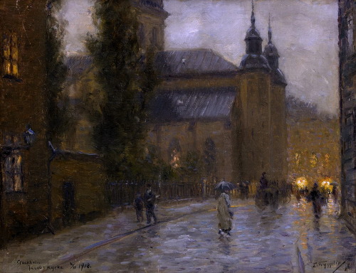 Jacobs Church, Stockholm  -  Erik Tryggelin , 1918Swedish  1878-1962Oil on canvas, 25 x 32.5 cm. (9.