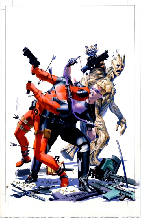 Hawkeye Vs. Deadpool Comic Art by Mike Mayhew Hawkeye is kicking Deadpool’s ass while Rocket a