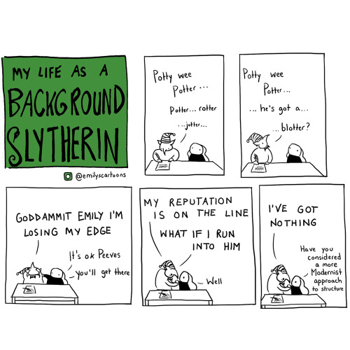 emilyscartoons:Background Slytherin Part IIThe story so far, continued (click here for Part I)I have
