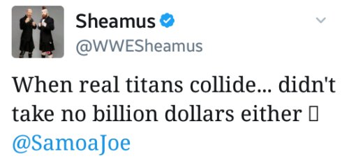 deidrelovessheamus:  Sheamus and Samoa Joe from Twitter. I’d like to see this match!!!!