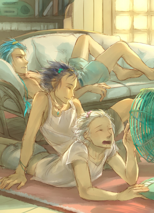 hasuyawwn:  aoba be all like “dude you guys are blocking the fan” this one made me so mad cus i accidentally merged two of the layers at some pt and made it harder to clean UGH ((Part of my Fuwa Fuwa Days artbook)) 