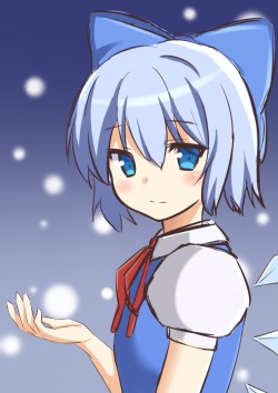 東方、チルノ、negishio、高解像度、非常に高い解像度、ボー、ヘアボー、ショートヘア、一人、女一人、カメラ目線、降雪、青い目、青い髪、髪飾り