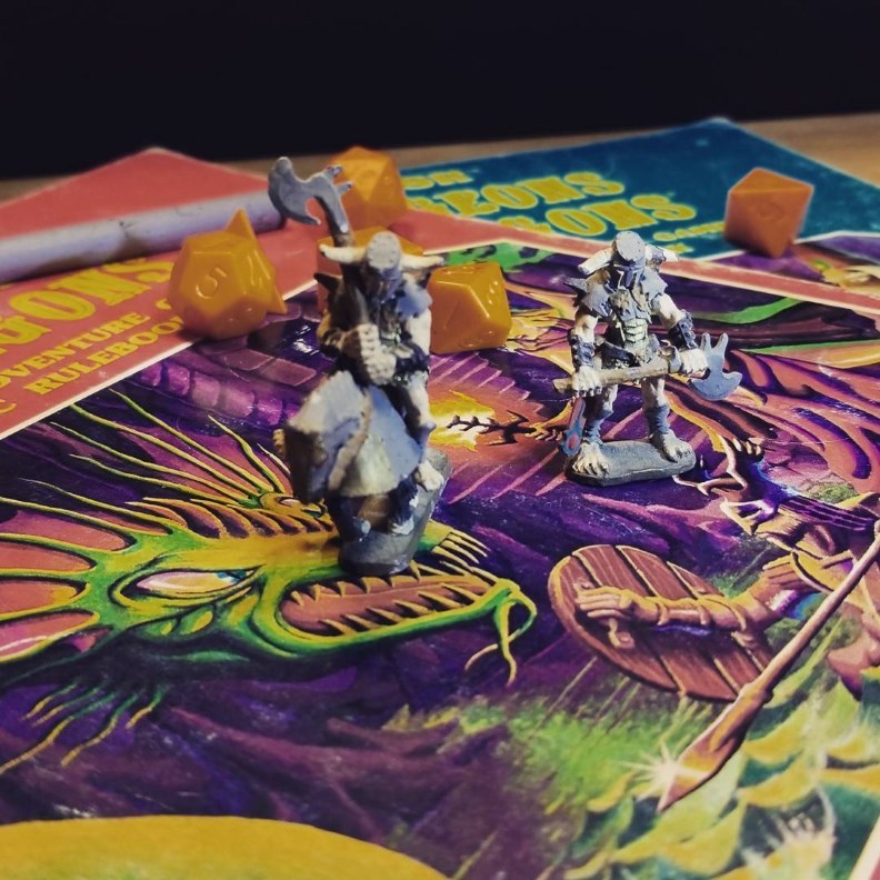 dungeonsandcartoons:
“The first D&D figure (mini) I ever bought and the books we used to play the game.
”
Another early 80′s Ral Partha figure by Tom Meier – 01-125 “Champion of Chaos, mounted and on foot”, who looks like he could ride straight out...