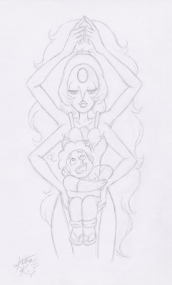 kitrakaya:  Steven and Opal from Steven Universe. Opal lovingly holding Steven in one set of hands, protecting him. 