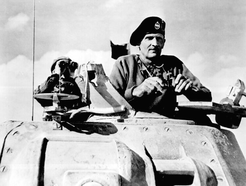 ww2inpictures:British General Bernard Montgomery watches Allied tanks advance from his American-buil