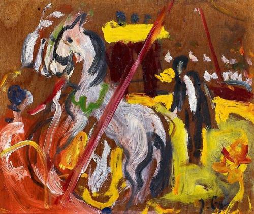 theegoist:Gyula Jakoby (Hungarian, 1903-1985) - Cirkus, oil on wood, 20.50 x 24.00 cm (1958)