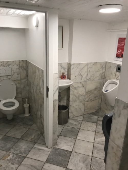 Basement restrooms at a restaurant in Gent. Aba Jour. cool marble look, men &amp; woman together.