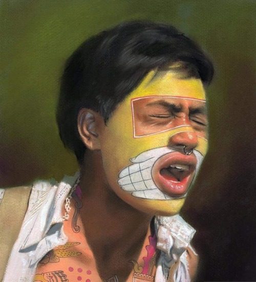 mexicaheart: A pastel painting of a young man with the facial painting of the Tonaleque, the lords o