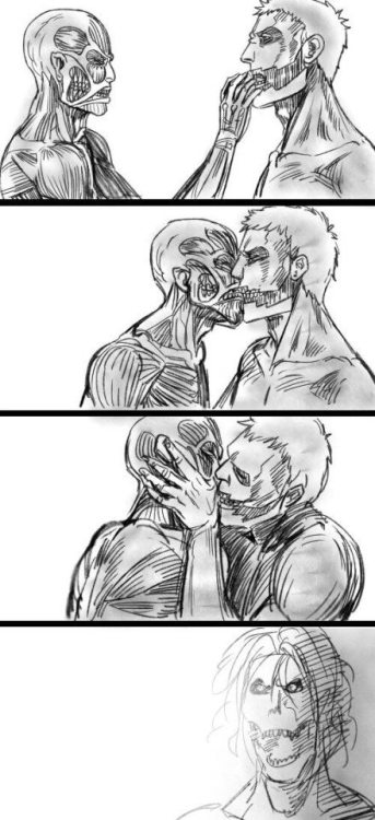 shinnchan:  yuujou-no-eoten:  OTP  Never in my wildest dream I imagine bl in titan form. Never. so REINER AND BERTHOLT COULD YOU TWO STOP