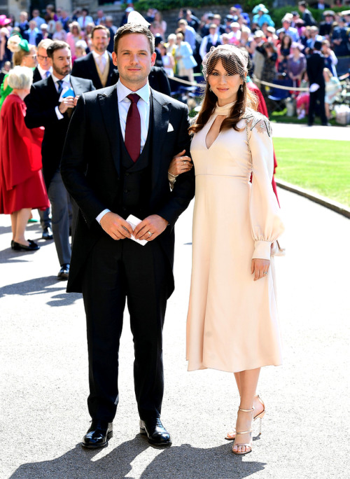 ilovetvshowscharacters: Patrick J. Adams and Troian Bellisario arrive at the wedding of Prince Harry