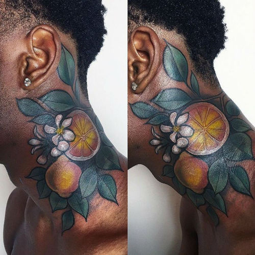 ubiquitous-pearl:  thingstolovefor:  dinosaurxswag:  bergamotandrose:  thievinggenius:  Tattoo done by Miryam Lumpini.  This is the first time I’ve seen color tattoos on dark skin that actually look vibrant and pigmented!!!!!  Once I was talking to