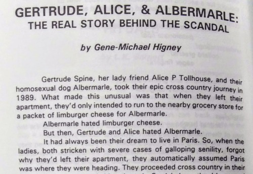 Photograph of part of a page from the magazine "LSF", showing the first lines of a story entitled "Gertrude, Alice, & Abermarle: The Real Story Behind the Scandal"