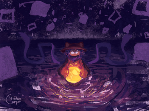 hiddencarpet:[ID: OneShot fanart. A digital artwork in purple and yellow tones. It depicts Niko in t